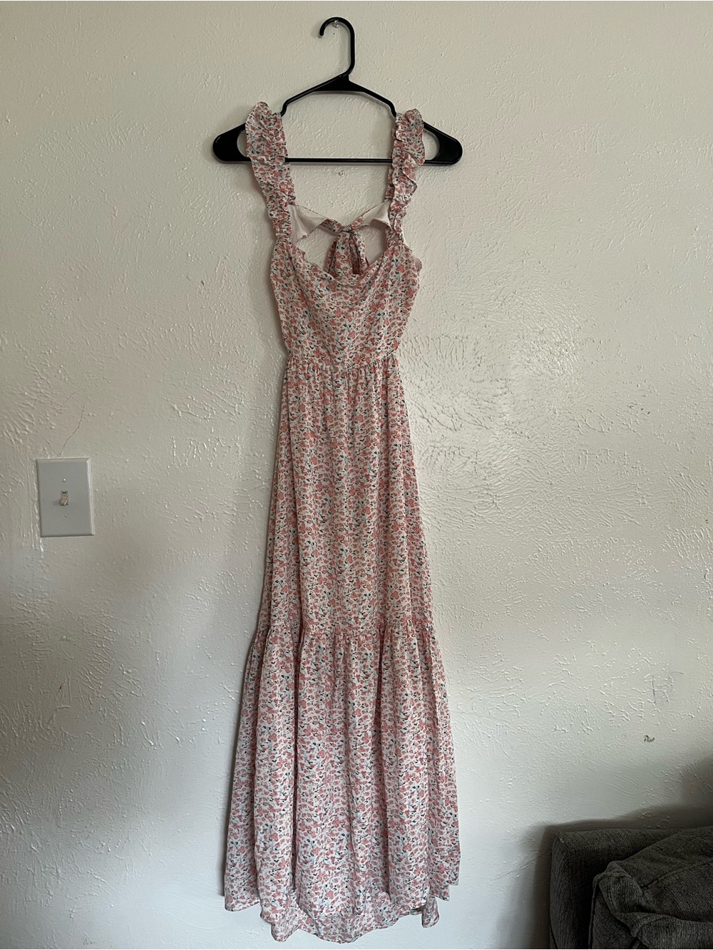 Altar'd State Pink Floral Ruffle Strap Maxi Dress with Tie Back